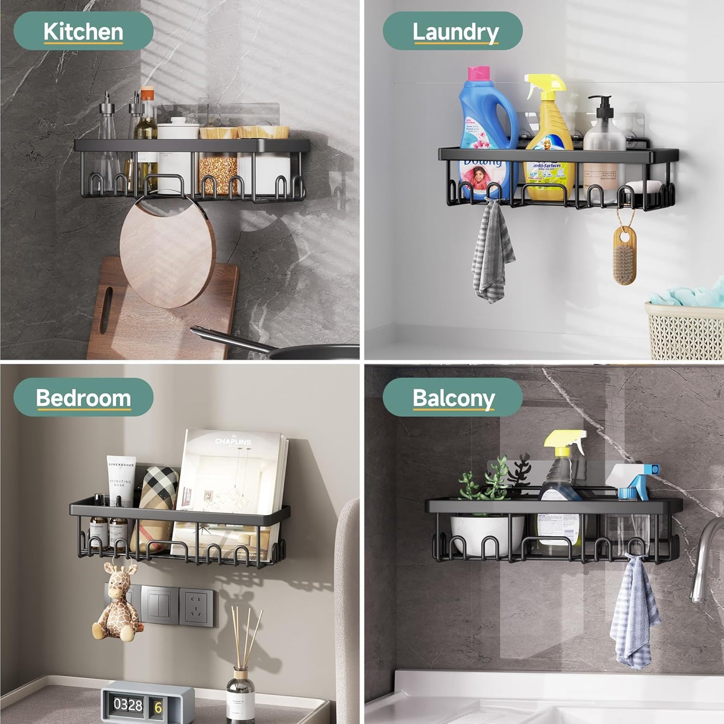 Stainless Steel Shower Caddy 6-Pack, No Drilling & Rustproof, Waterproof Adhesive Shelves Rack with Soap Holder, Large Capacity Bathroom Organizers and Storage, Wall-Mounted Kitchen & Home Decor