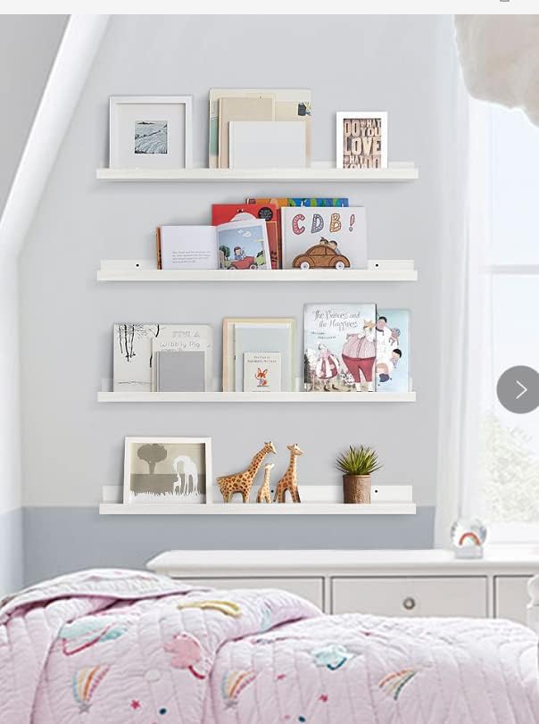 White Floating Shelves for Wall 36 Inches Long 4-Pack, Large Nursery Book Shelves Bookshelf for Kids Bedroom, Wood Picture Ledge Shelf with Lip for Living Room Decor Photo Frames Legos Display