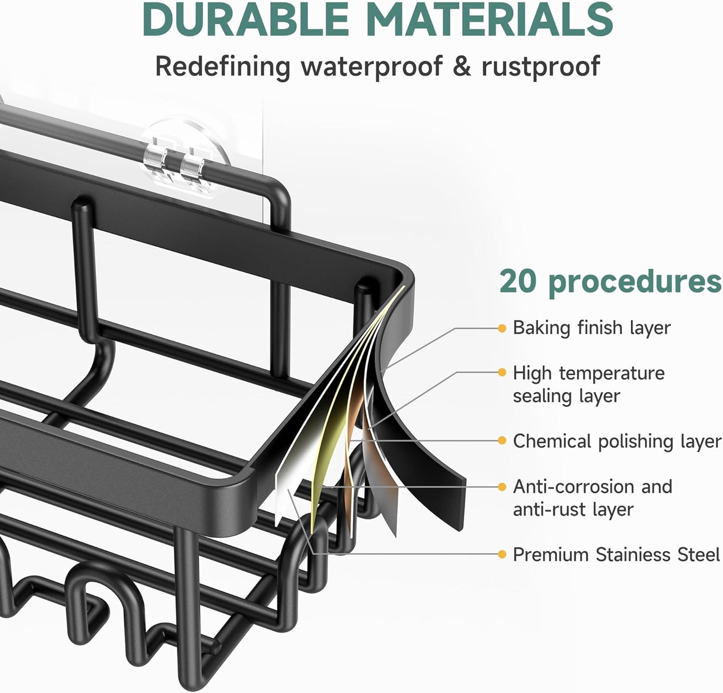 Stainless Steel Shower Caddy 6-Pack, No Drilling & Rustproof, Waterproof Adhesive Shelves Rack with Soap Holder, Large Capacity Bathroom Organizers and Storage, Wall-Mounted Kitchen & Home Decor