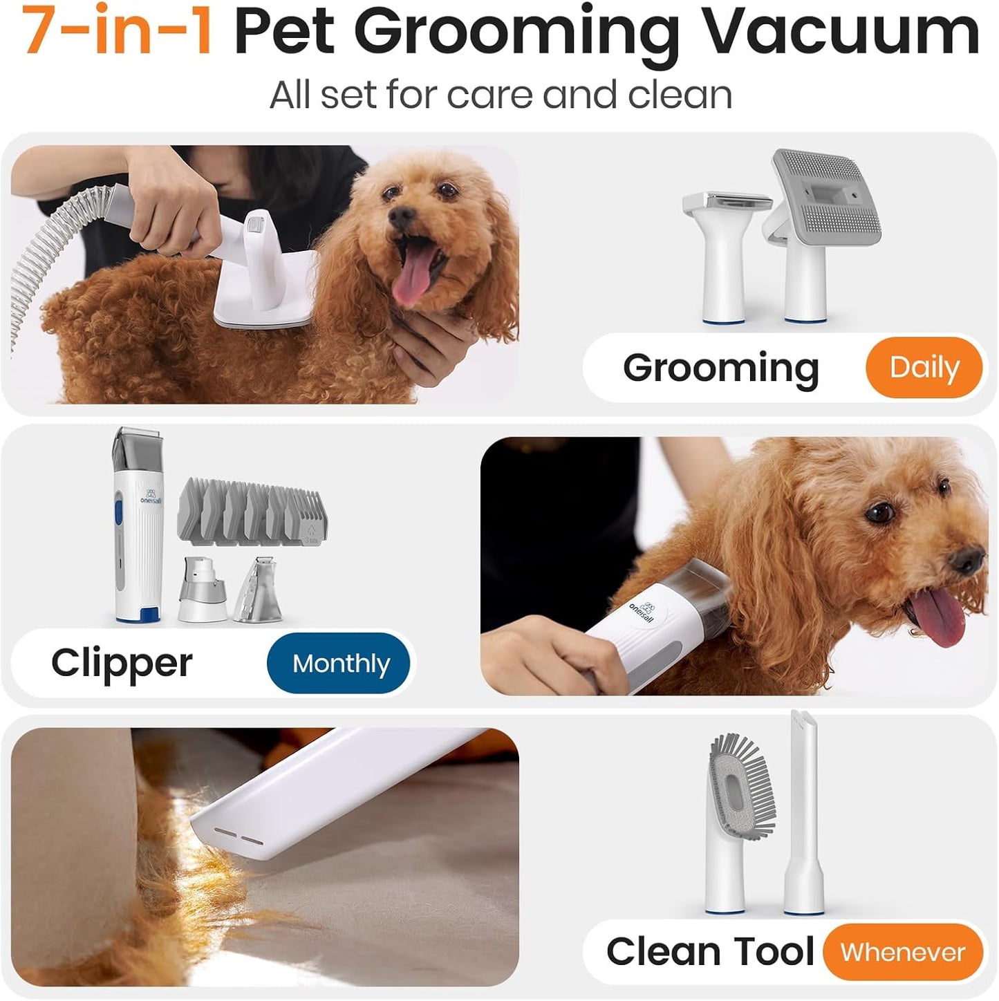 Oneisall Dog Grooming Vacuum, Pet Grooming Vacuum with Clipper Nail Grinder, 1.5L Dust Cup Dog Deshedding Vacuum Brush with 7 Pet Grooming Tools for Shedding Pet Hair, Home Cleaning