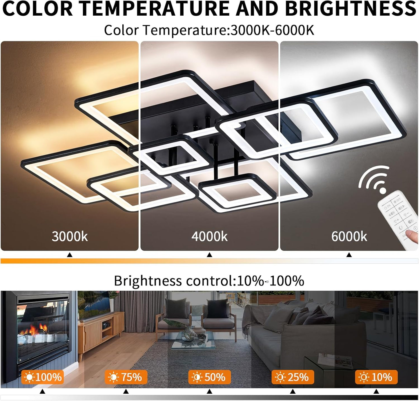 Modern LED Ceiling Light, Dimmable LED Chandelier Black Flush Mount Ceiling Lights, Remote Control Acrylic Ring Ceiling Lamp Fixture for Living Room Dining Room Bedroom, 8H-FANG-BL-04