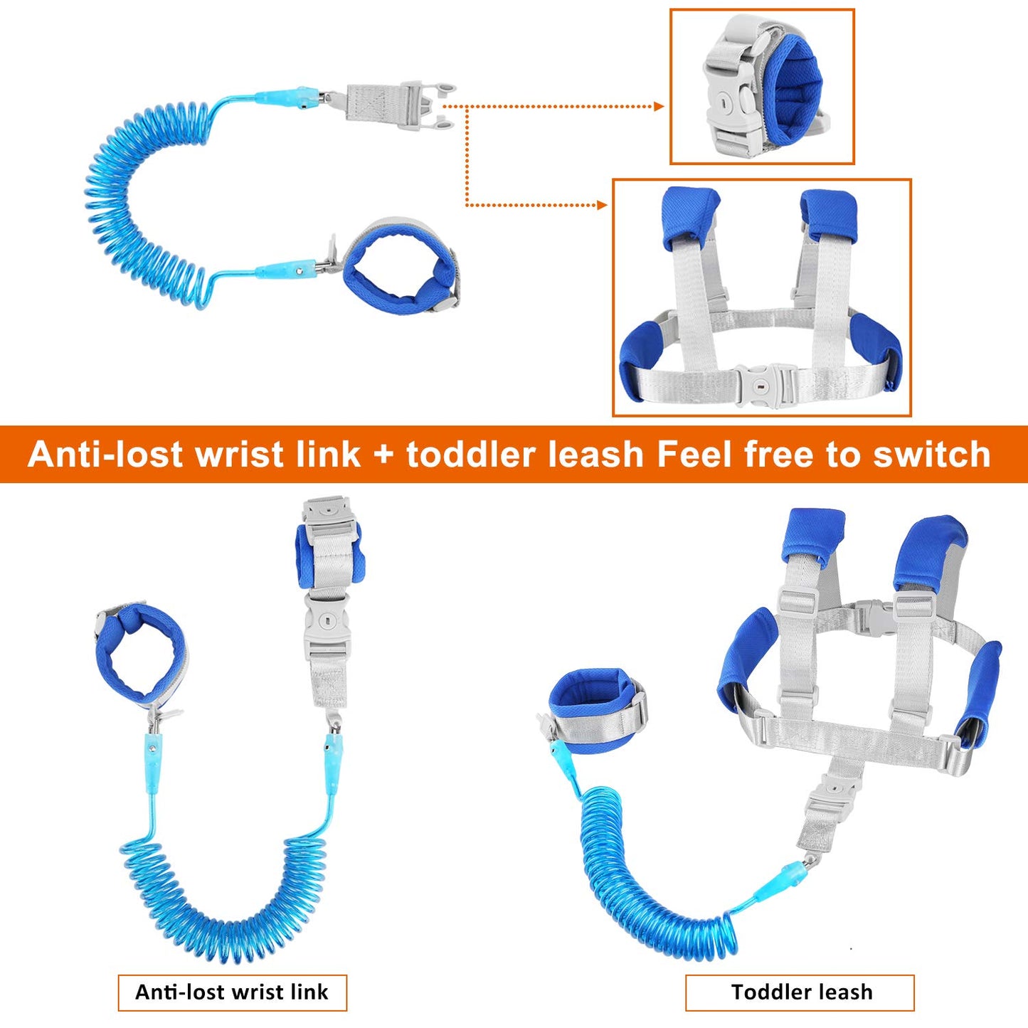 Baby anti Lost Wrist Link -Anti Lost Backpack Leash Baby Leash Safety Walking Leash Wrist Link with Upgraded Safety Locks for Kids Toddler Leash anti Lost (2 in 1 Dark Blue 8.2 Foot) …