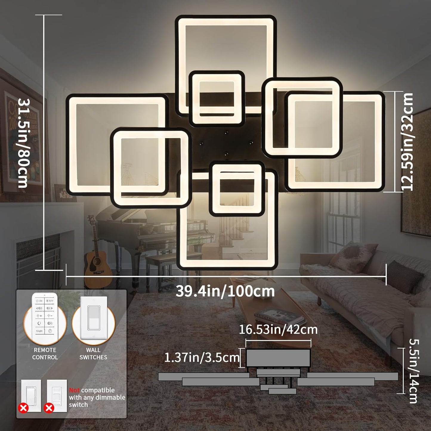 Modern LED Ceiling Light, Dimmable LED Chandelier Black Flush Mount Ceiling Lights, Remote Control Acrylic Ring Ceiling Lamp Fixture for Living Room Dining Room Bedroom, 8H-FANG-BL-04