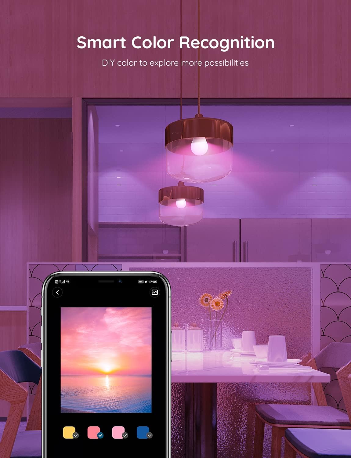 Smart Light Bulbs, Color Changing Light Bulb, Work with Alexa and Google Assistant, 16 Million Colors RGBWW, Wifi & Bluetooth LED Light Bulbs, Music Sync, A19, 800 Lumens, 4 Pack