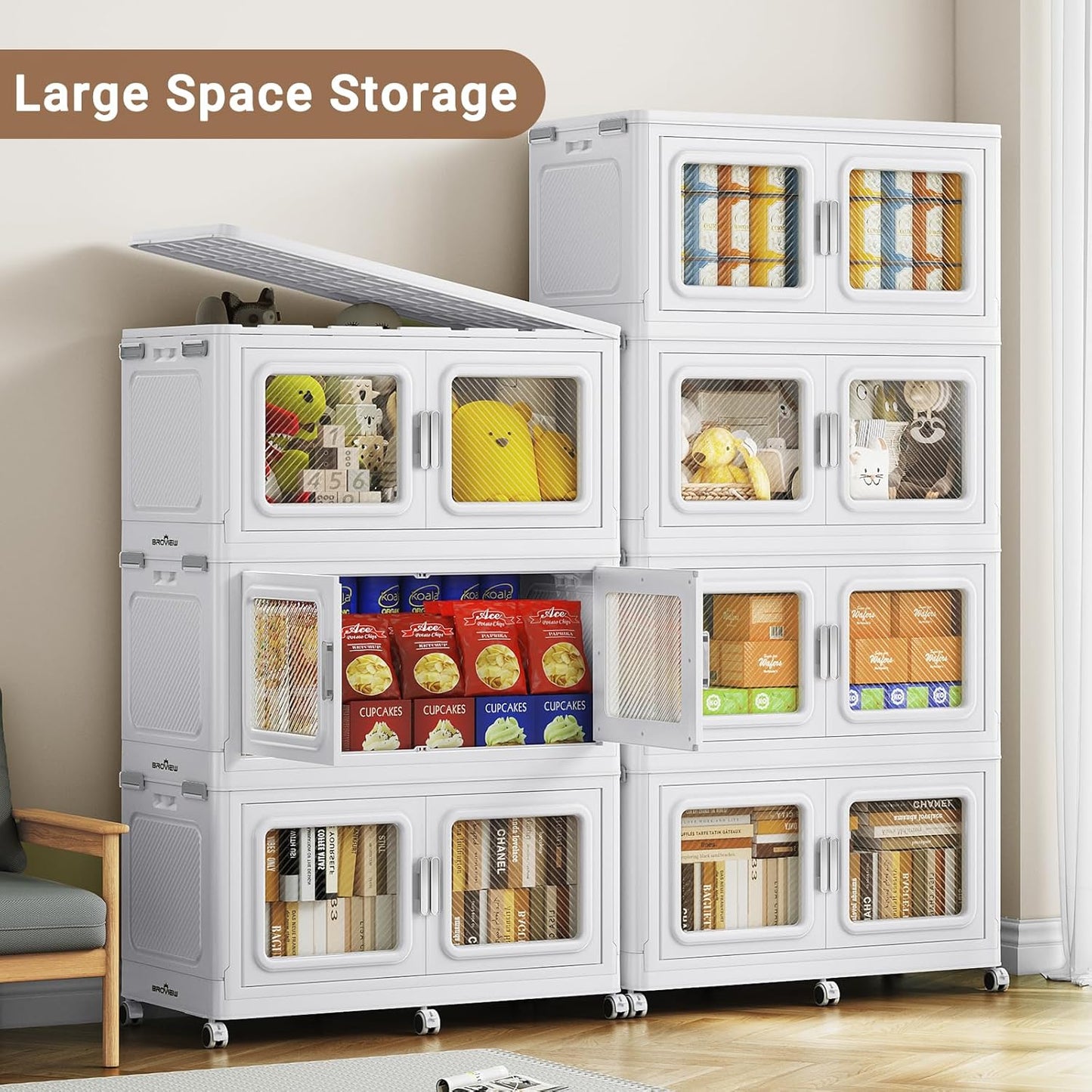 165Gal Extra Large Storage Bins with Lid, 660Qt Plastic Stackable Storage Bins with Wheels, Collapsible Closet Organizer and Storage Drawers, Storage Cabinets for Home, Office, 3 Pack, White