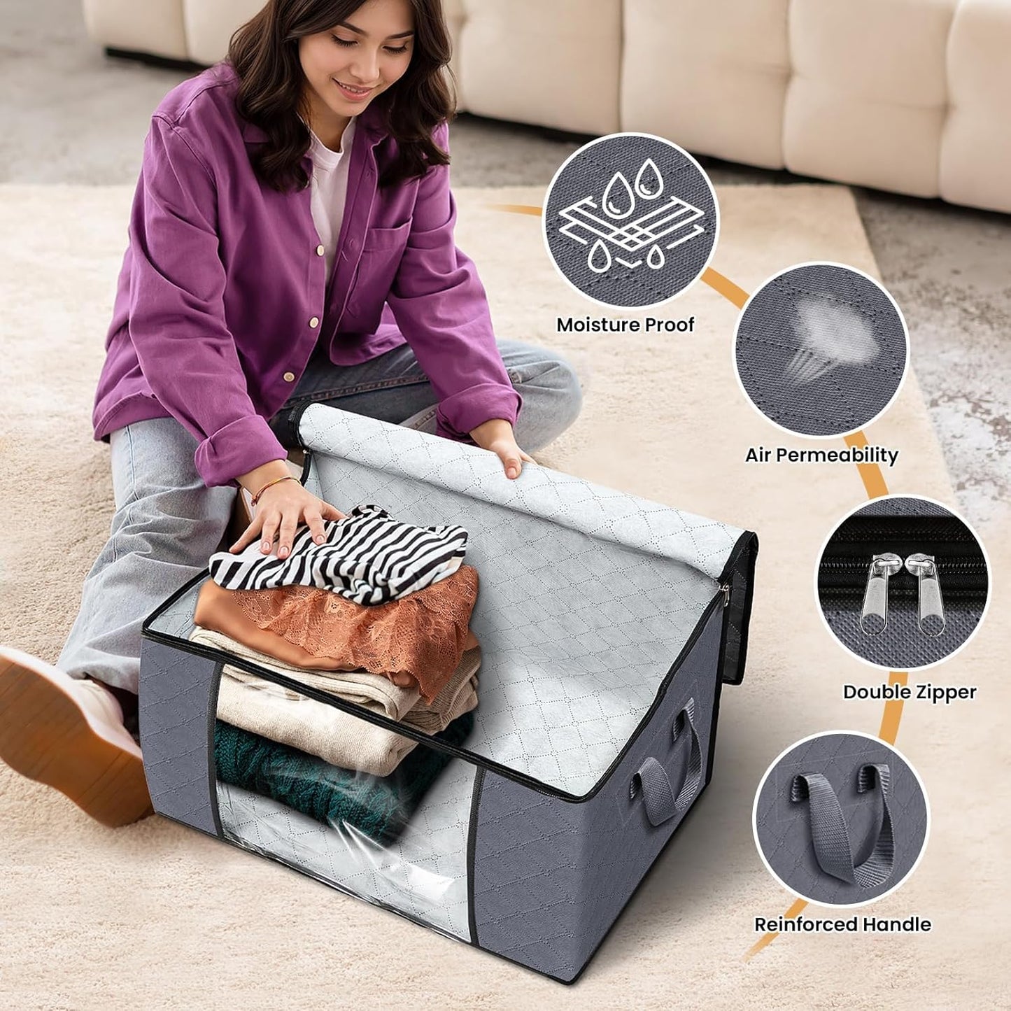6 Pack Clothes Storage, Foldable Thick Fabric Blanket Storage Bags, Containers for Organizing Bedroom, Closet, Clothing, Comforter,Closet Organization with Handle,Grey
