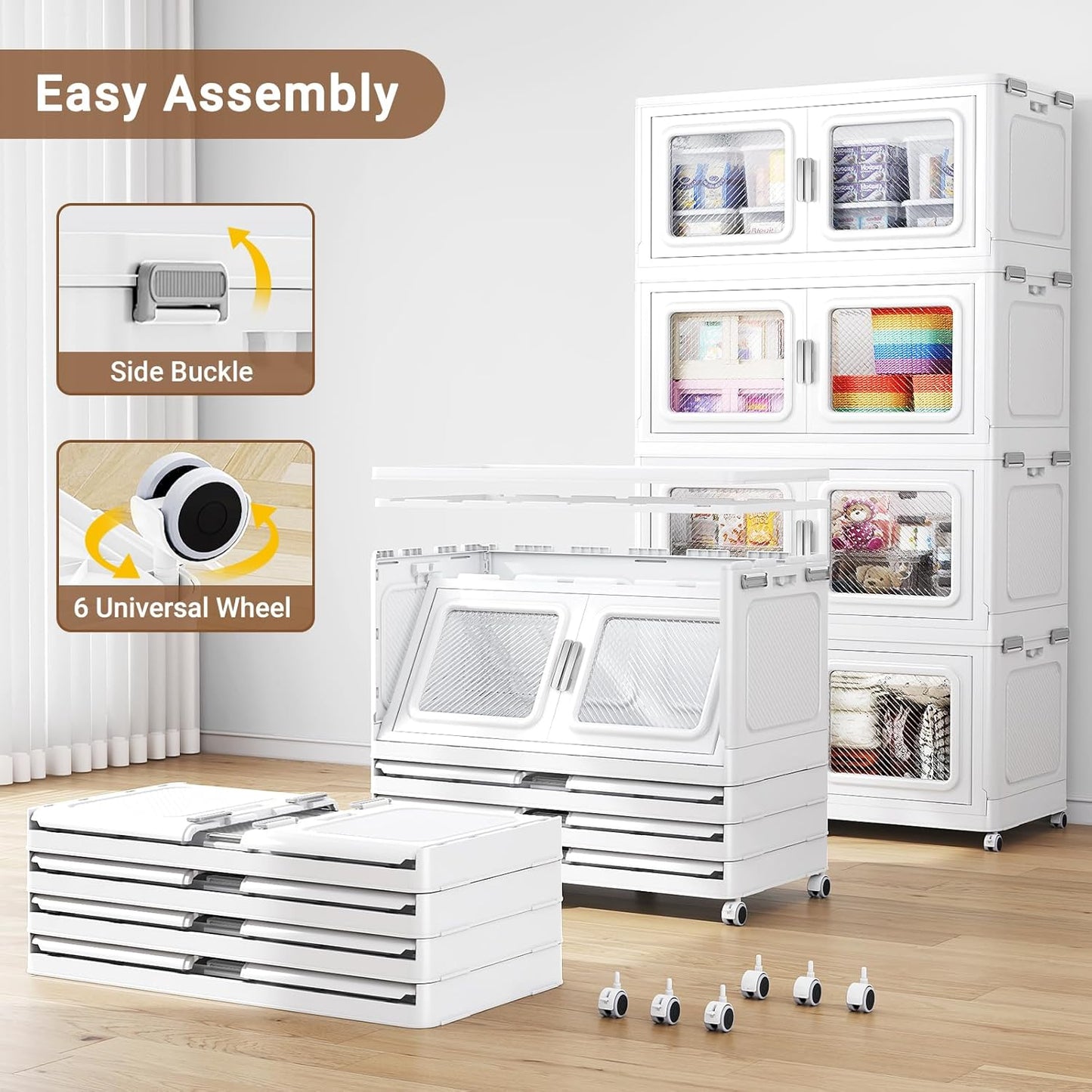 165Gal Extra Large Storage Bins with Lid, 660Qt Plastic Stackable Storage Bins with Wheels, Collapsible Closet Organizer and Storage Drawers, Storage Cabinets for Home, Office, 3 Pack, White