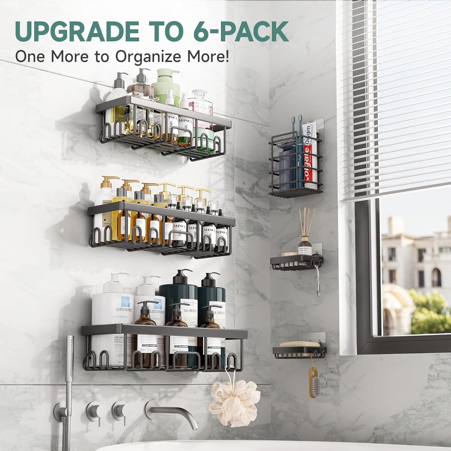 Stainless Steel Shower Caddy 6-Pack, No Drilling & Rustproof, Waterproof Adhesive Shelves Rack with Soap Holder, Large Capacity Bathroom Organizers and Storage, Wall-Mounted Kitchen & Home Decor