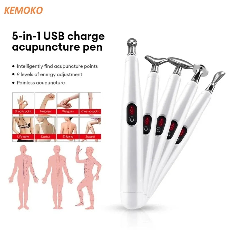 5 in 1 Electronic Acupuncture Massage Pen Smart Pulse Meridian Energy Pen Pain Relief Microcurrent Pulse Muscle Massage Stick