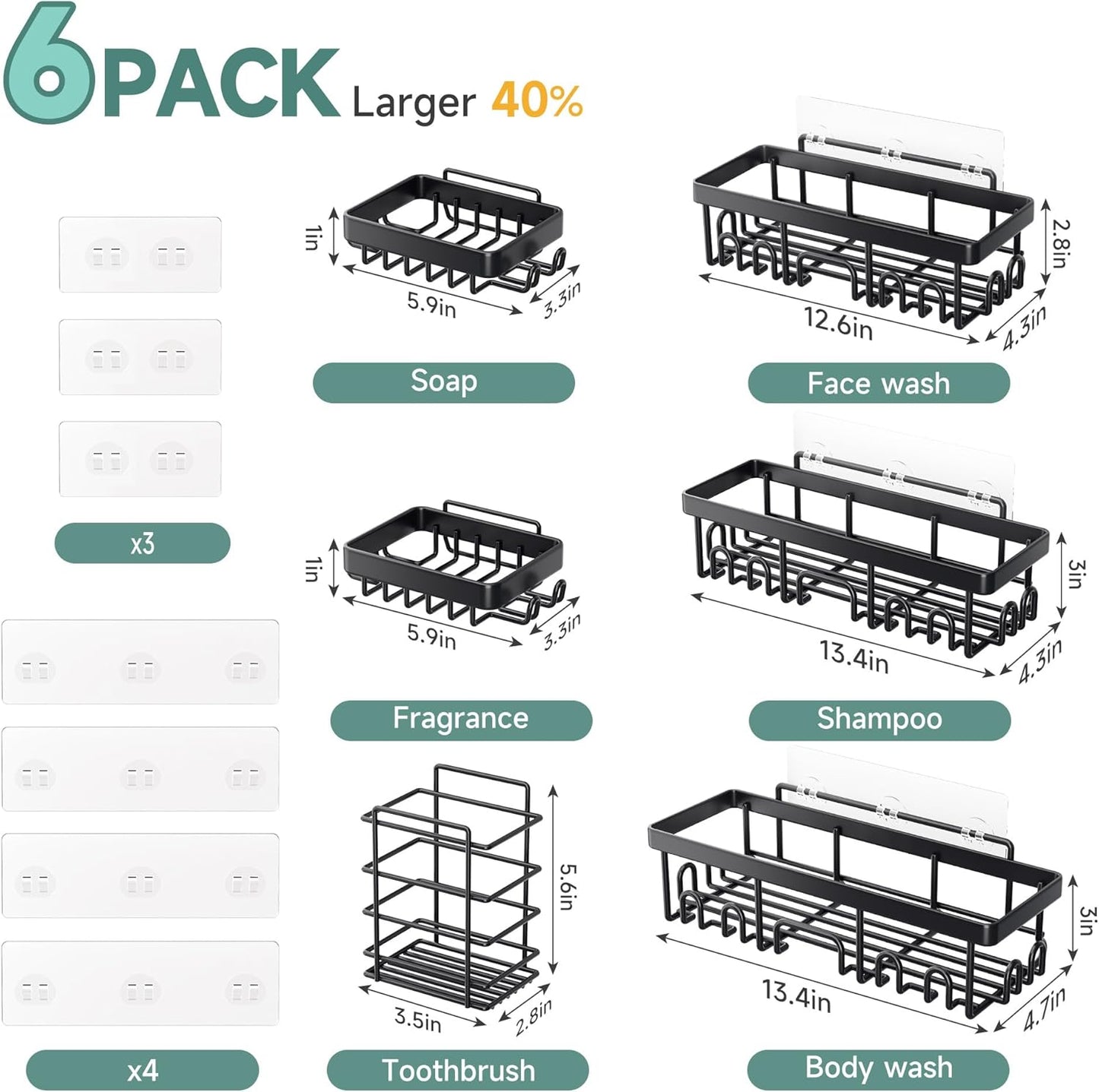 Stainless Steel Shower Caddy 6-Pack, No Drilling & Rustproof, Waterproof Adhesive Shelves Rack with Soap Holder, Large Capacity Bathroom Organizers and Storage, Wall-Mounted Kitchen & Home Decor