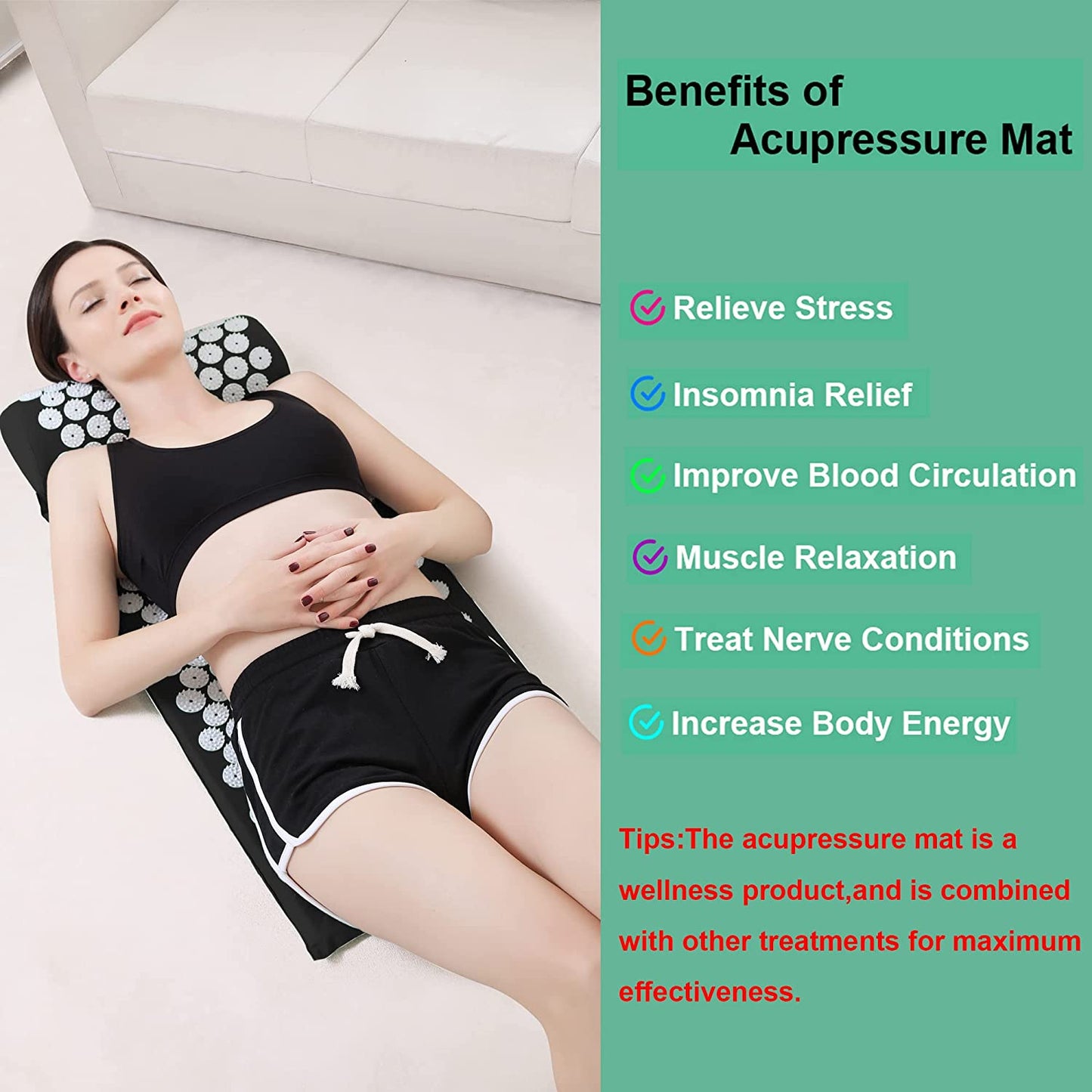 Xiaomage Acupressure Mat and Pillow Set with Bag - Large Size 28.7 X 16.5 Inch Acupuncture Mat for Neck & Back Pain, Muscle Relaxation Stress Relief, Sciatica Pain Relief Pillow (Black)