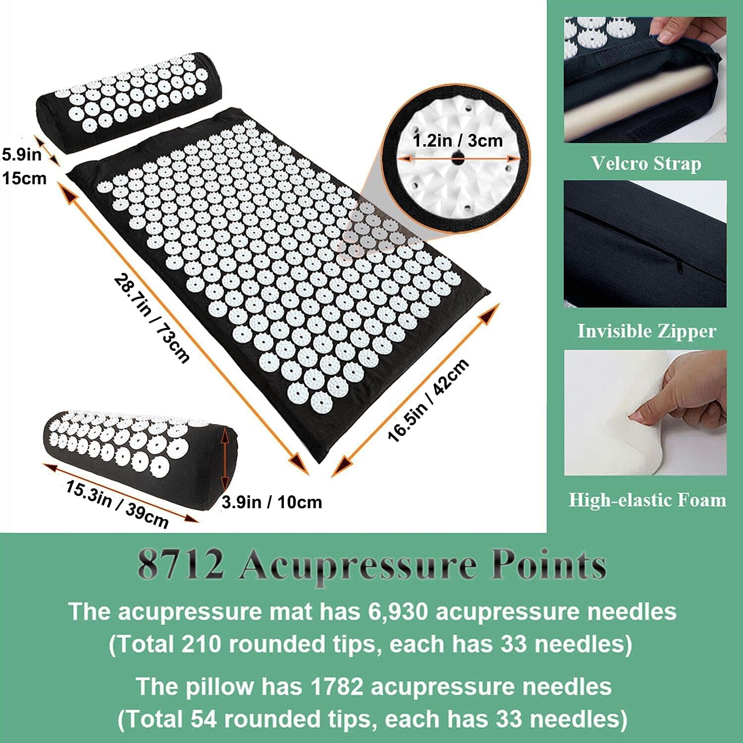 Xiaomage Acupressure Mat and Pillow Set with Bag - Large Size 28.7 X 16.5 Inch Acupuncture Mat for Neck & Back Pain, Muscle Relaxation Stress Relief, Sciatica Pain Relief Pillow (Black)