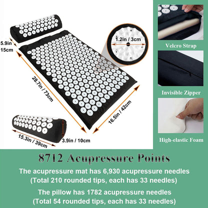 Xiaomage Acupressure Mat and Pillow Set with Bag - Large Size 28.7 X 16.5 Inch Acupuncture Mat for Neck & Back Pain, Muscle Relaxation Stress Relief, Sciatica Pain Relief Pillow (Black)