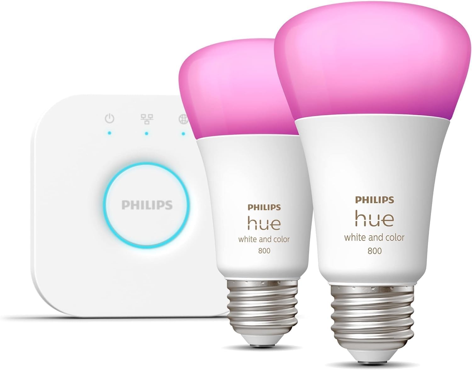 Smart Light Starter Kit - Includes (1) Bridge and (2) 60W A19 LED Bulb, White and Color Ambiance Color-Changing Light, 800LM, E26 - Control with App or Voice Assistant