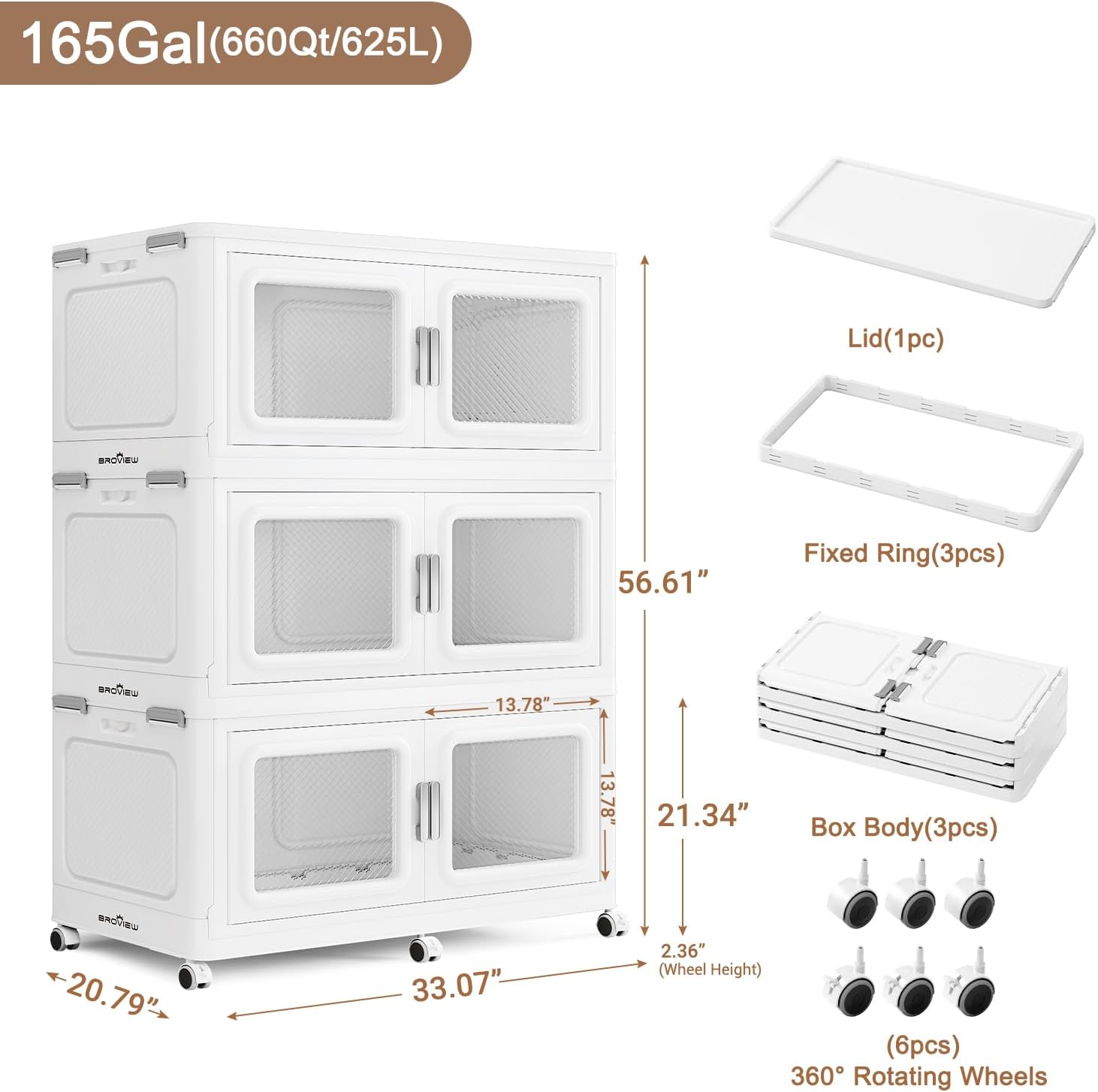 165Gal Extra Large Storage Bins with Lid, 660Qt Plastic Stackable Storage Bins with Wheels, Collapsible Closet Organizer and Storage Drawers, Storage Cabinets for Home, Office, 3 Pack, White
