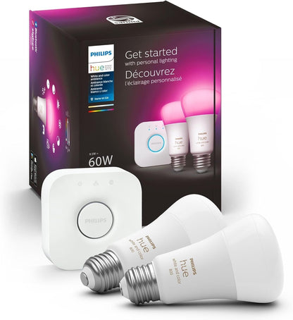 Smart Light Starter Kit - Includes (1) Bridge and (2) 60W A19 LED Bulb, White and Color Ambiance Color-Changing Light, 800LM, E26 - Control with App or Voice Assistant