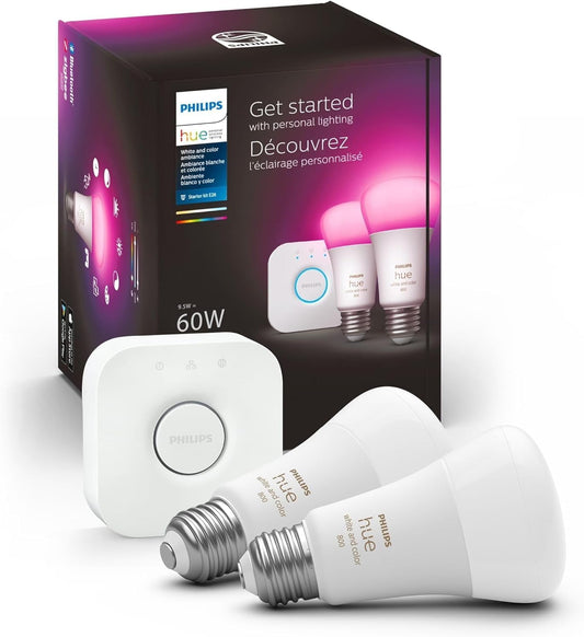 Smart Light Starter Kit - Includes (1) Bridge and (2) 60W A19 LED Bulb, White and Color Ambiance Color-Changing Light, 800LM, E26 - Control with App or Voice Assistant