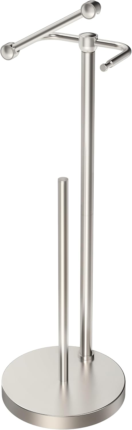 Toilet Paper Holder Stand, Post Pivoting Design Free Standing Toilet Paper Holder with Storage for 4 Rolls, SUS304 Stainless Steel Tissue Holder with Reserve, Heavy-Duty Base (Brushed Nickel)
