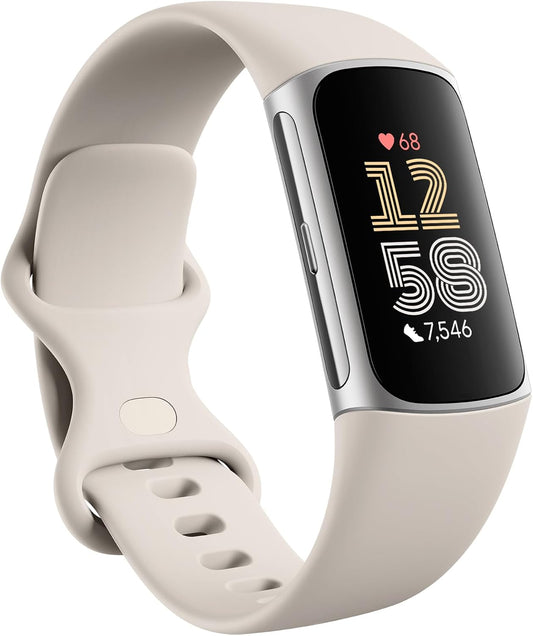 Fitbit Charge 6 Fitness Tracker with Google Apps, Heart Rate on Exercise Equipment, 6-Months Premium Membership Included, GPS, Health Tools and More, Porcelain/Silver, One Size (S & L Bands Included)