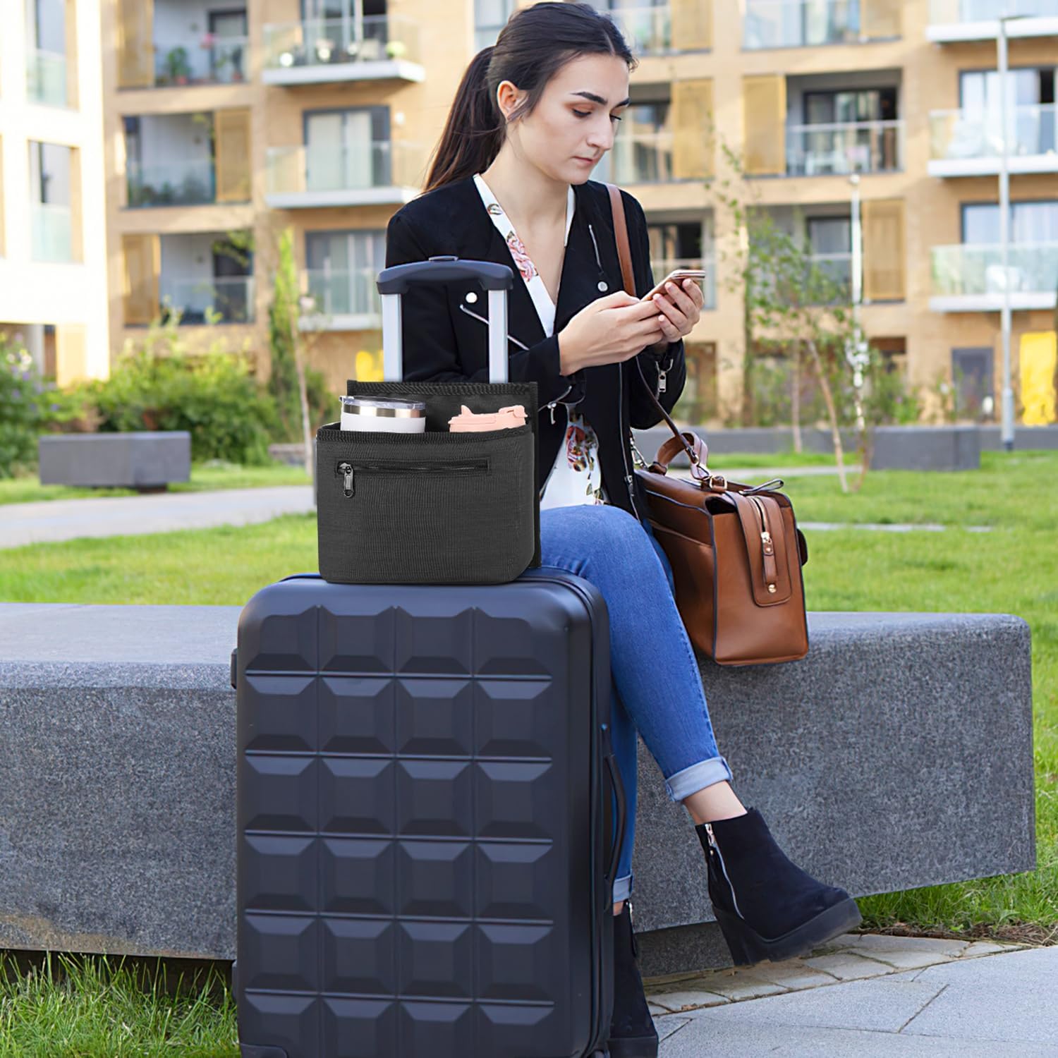 Luggage Travel Cup Holder Attachment for Suitcase Drink Carrier Caddy, Coffee Mug and Tumblers, Traveler Carry on Hands Free Accessory- Gifts for Flight Attendants Travelers Accessories- Black