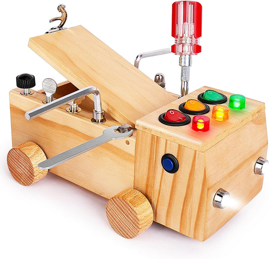 Busy Board,Montessori Screwdriver Board Set for 2-6 Years Old,Montessori Busy Board with LED Light,Wooden Sensory Toys for Boys & Girls,Christmas & Birthday Gift