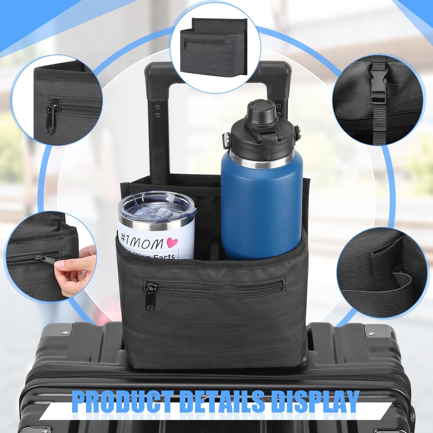 Luggage Travel Cup Holder Attachment for Suitcase Drink Carrier Caddy, Coffee Mug and Tumblers, Traveler Carry on Hands Free Accessory- Gifts for Flight Attendants Travelers Accessories- Black