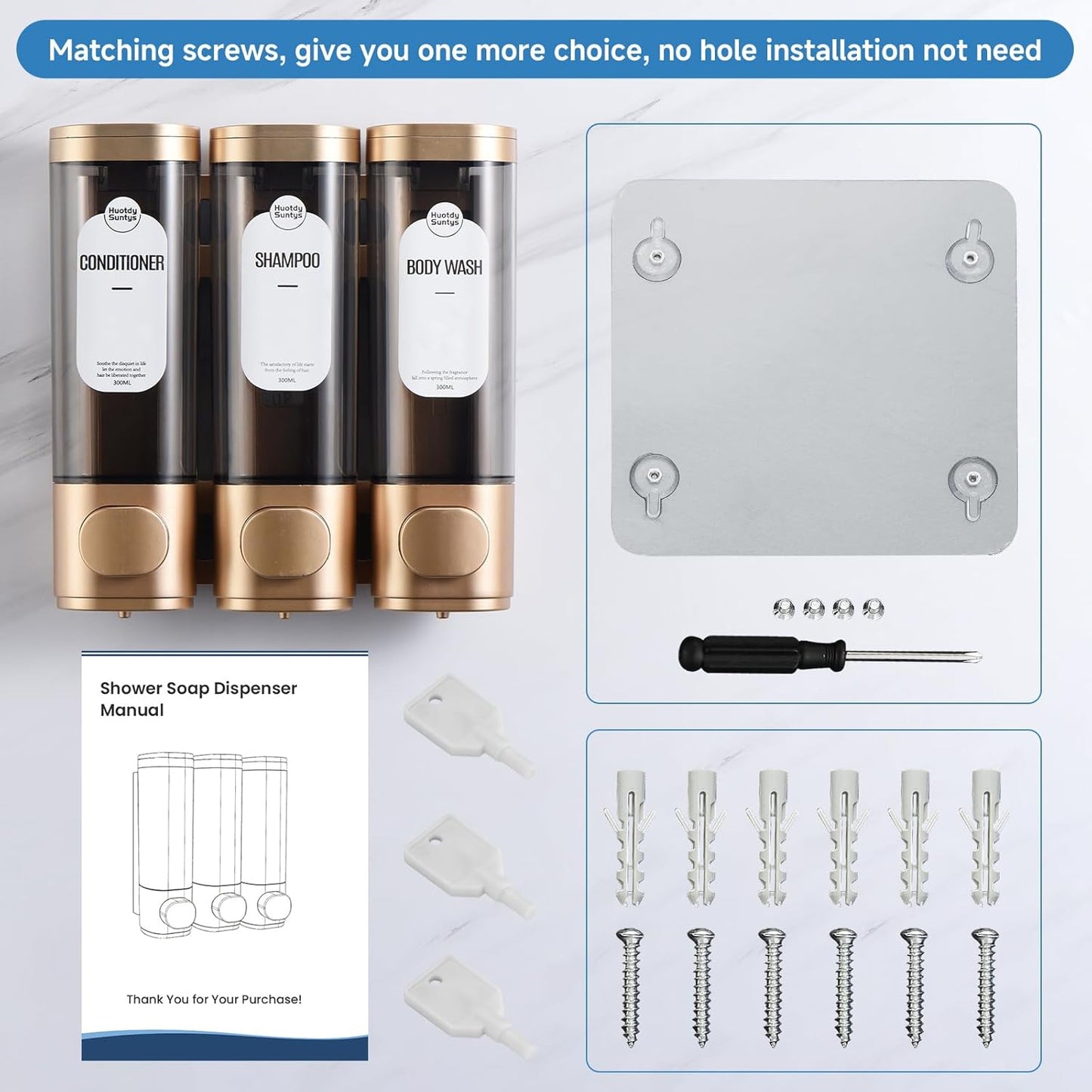 Shampoo and Conditioner Dispenser，Refillabe Shower Soap Dispensers 3 Chamber No Drill Shampoo Dispenser for Shower Wall Mounted 3 * 300Ml Container for Bathroom Hotel (Gold 3 Chamber)