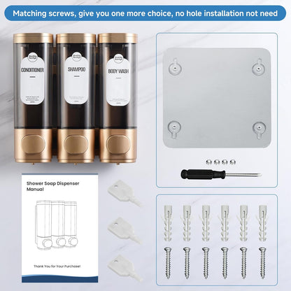 Shampoo and Conditioner Dispenser，Refillabe Shower Soap Dispensers 3 Chamber No Drill Shampoo Dispenser for Shower Wall Mounted 3 * 300Ml Container for Bathroom Hotel (Gold 3 Chamber)
