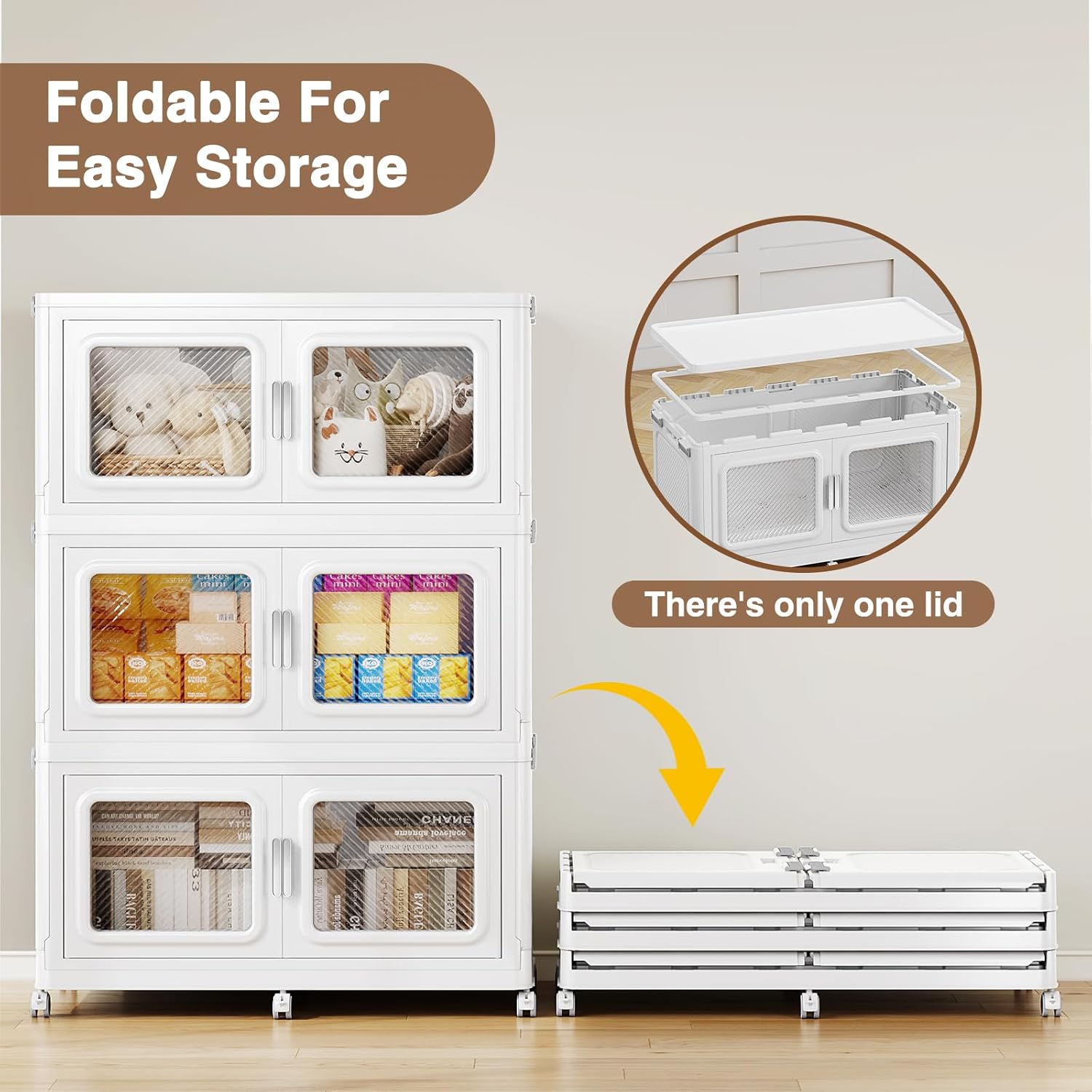 165Gal Extra Large Storage Bins with Lid, 660Qt Plastic Stackable Storage Bins with Wheels, Collapsible Closet Organizer and Storage Drawers, Storage Cabinets for Home, Office, 3 Pack, White