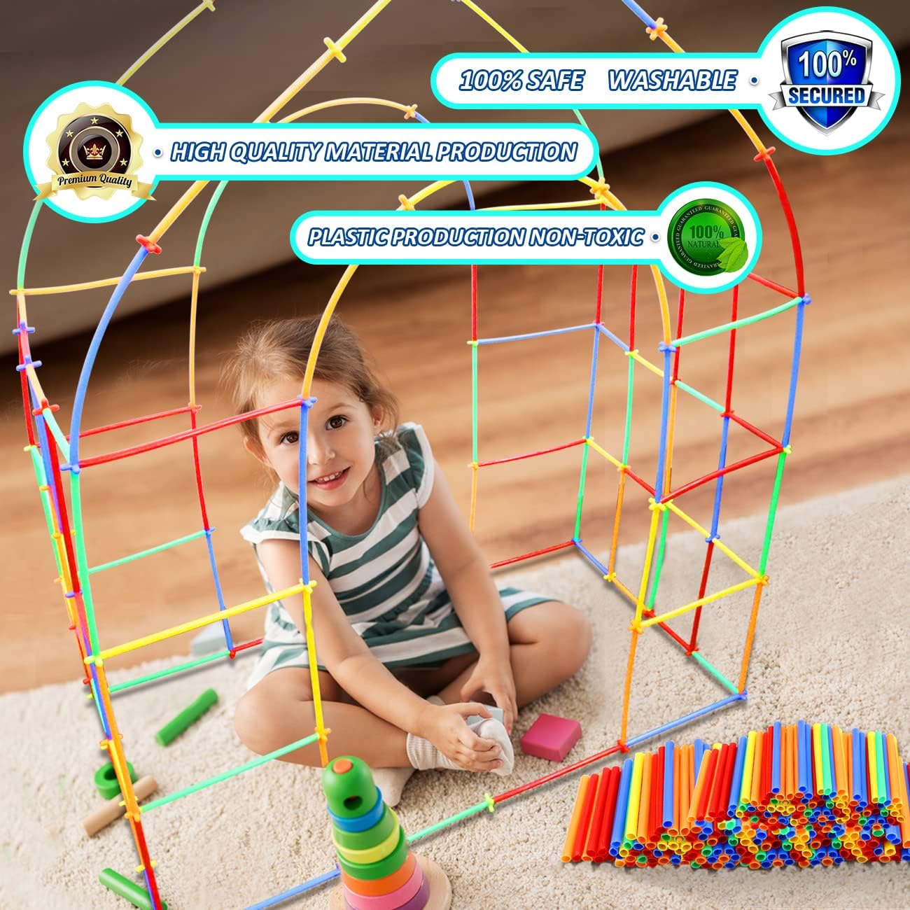 Straw Constructor Toys STEM Building 600Pcs Toy Interlocking Plastic Engineering Thin Tube Blocks Educational Kit for 3 4 5 6 7Years Kids Boys and Girls Gift