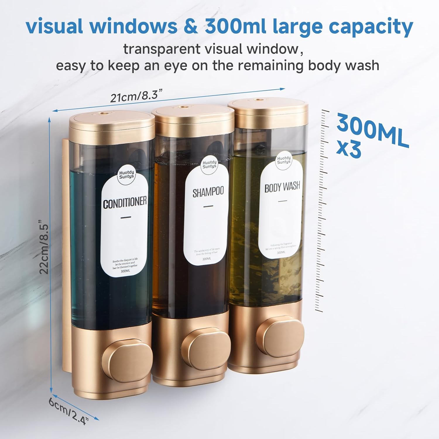 Shampoo and Conditioner Dispenser，Refillabe Shower Soap Dispensers 3 Chamber No Drill Shampoo Dispenser for Shower Wall Mounted 3 * 300Ml Container for Bathroom Hotel (Gold 3 Chamber)