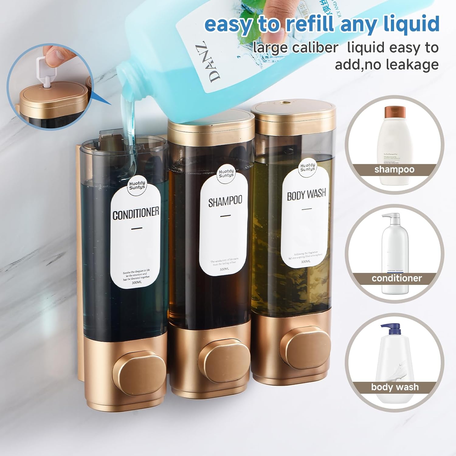 Shampoo and Conditioner Dispenser，Refillabe Shower Soap Dispensers 3 Chamber No Drill Shampoo Dispenser for Shower Wall Mounted 3 * 300Ml Container for Bathroom Hotel (Gold 3 Chamber)