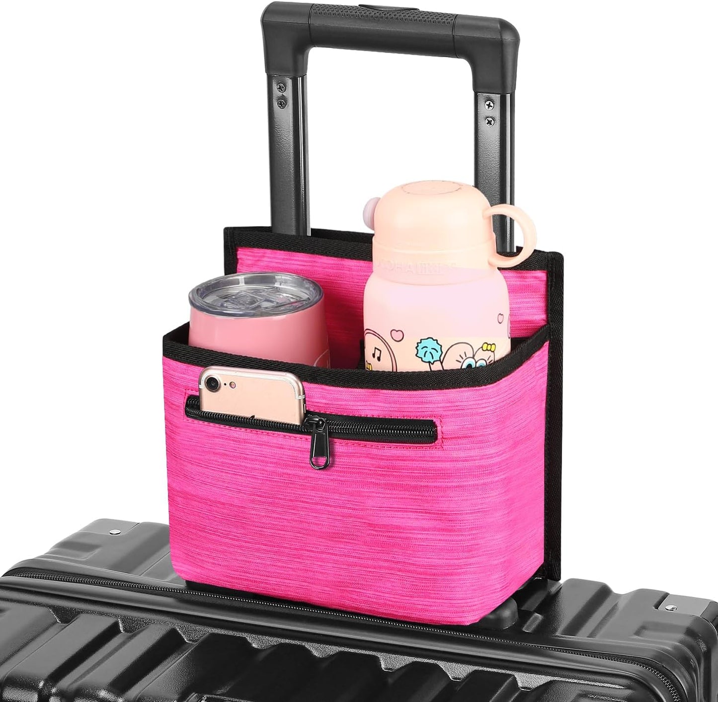 Luggage Travel Cup Holder Attachment for Suitcase Drink Carrier Caddy, Coffee Mug and Tumblers, Traveler Carry on Hands Free Accessory- Gifts for Flight Attendants Travelers Accessories- Black