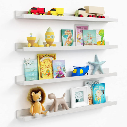 White Floating Shelves for Wall 36 Inches Long 4-Pack, Large Nursery Book Shelves Bookshelf for Kids Bedroom, Wood Picture Ledge Shelf with Lip for Living Room Decor Photo Frames Legos Display