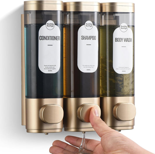 Shampoo and Conditioner Dispenser，Refillabe Shower Soap Dispensers 3 Chamber No Drill Shampoo Dispenser for Shower Wall Mounted 3 * 300Ml Container for Bathroom Hotel (Gold 3 Chamber)
