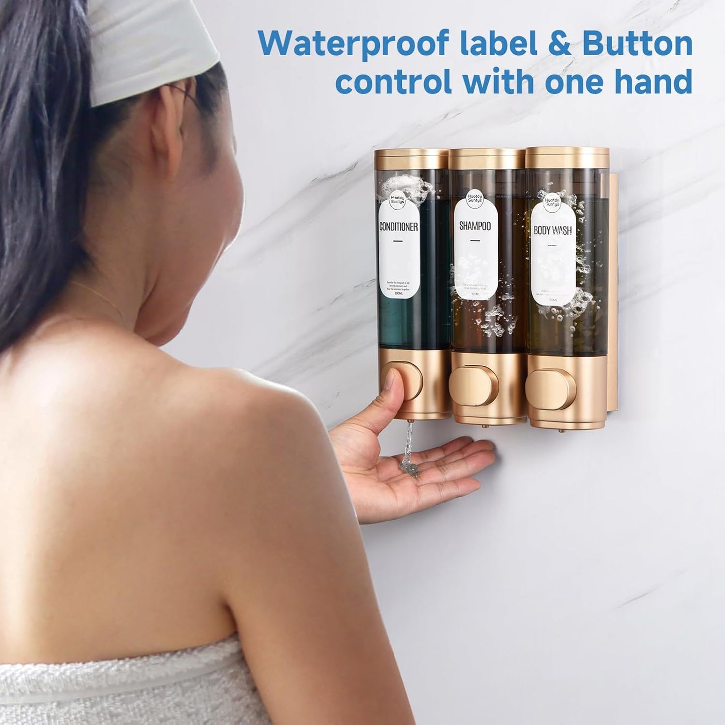 Shampoo and Conditioner Dispenser，Refillabe Shower Soap Dispensers 3 Chamber No Drill Shampoo Dispenser for Shower Wall Mounted 3 * 300Ml Container for Bathroom Hotel (Gold 3 Chamber)