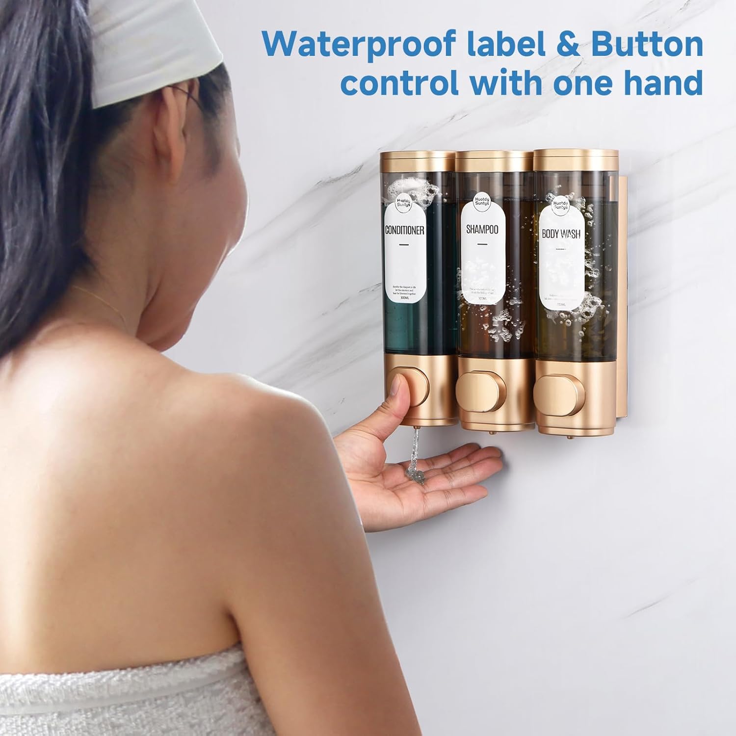 Shampoo and Conditioner Dispenser，Refillabe Shower Soap Dispensers 3 Chamber No Drill Shampoo Dispenser for Shower Wall Mounted 3 * 300Ml Container for Bathroom Hotel (Gold 3 Chamber)