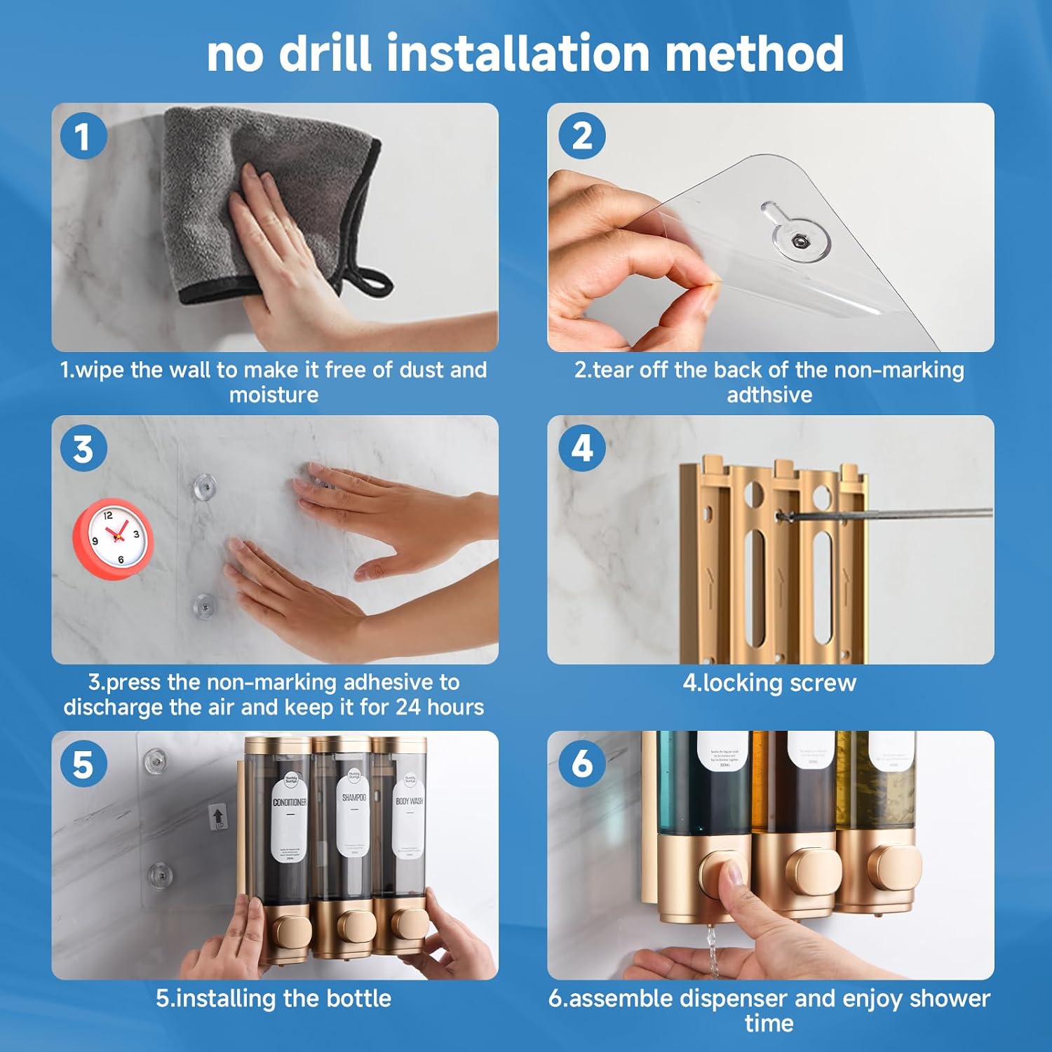 Shampoo and Conditioner Dispenser，Refillabe Shower Soap Dispensers 3 Chamber No Drill Shampoo Dispenser for Shower Wall Mounted 3 * 300Ml Container for Bathroom Hotel (Gold 3 Chamber)