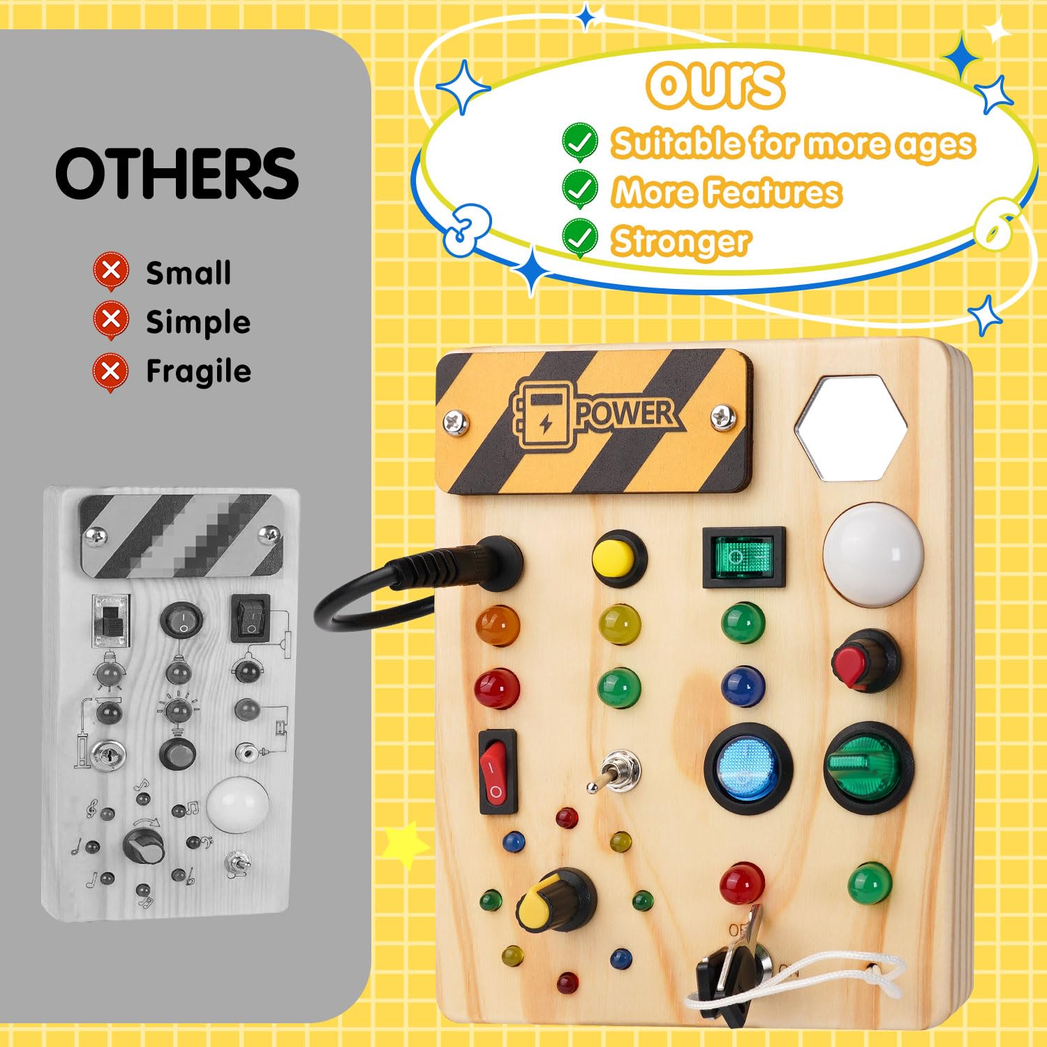 Montessori Busy Board Toys: Wooden Sensory Toy for Toddler with LED Light up Switch, Educational/Christmas/Birthday Gifts for 1-3 Year Old Boys & Girls