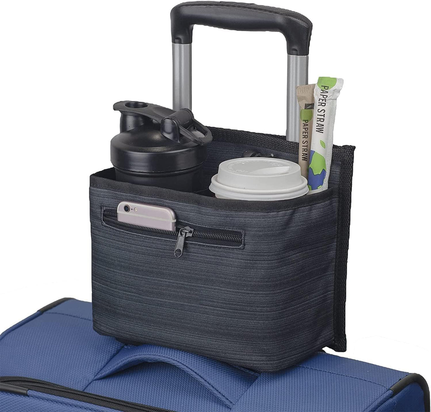 Luggage Travel Cup Holder Attachment for Suitcase Drink Carrier Caddy, Coffee Mug and Tumblers, Traveler Carry on Hands Free Accessory- Gifts for Flight Attendants Travelers Accessories- Black