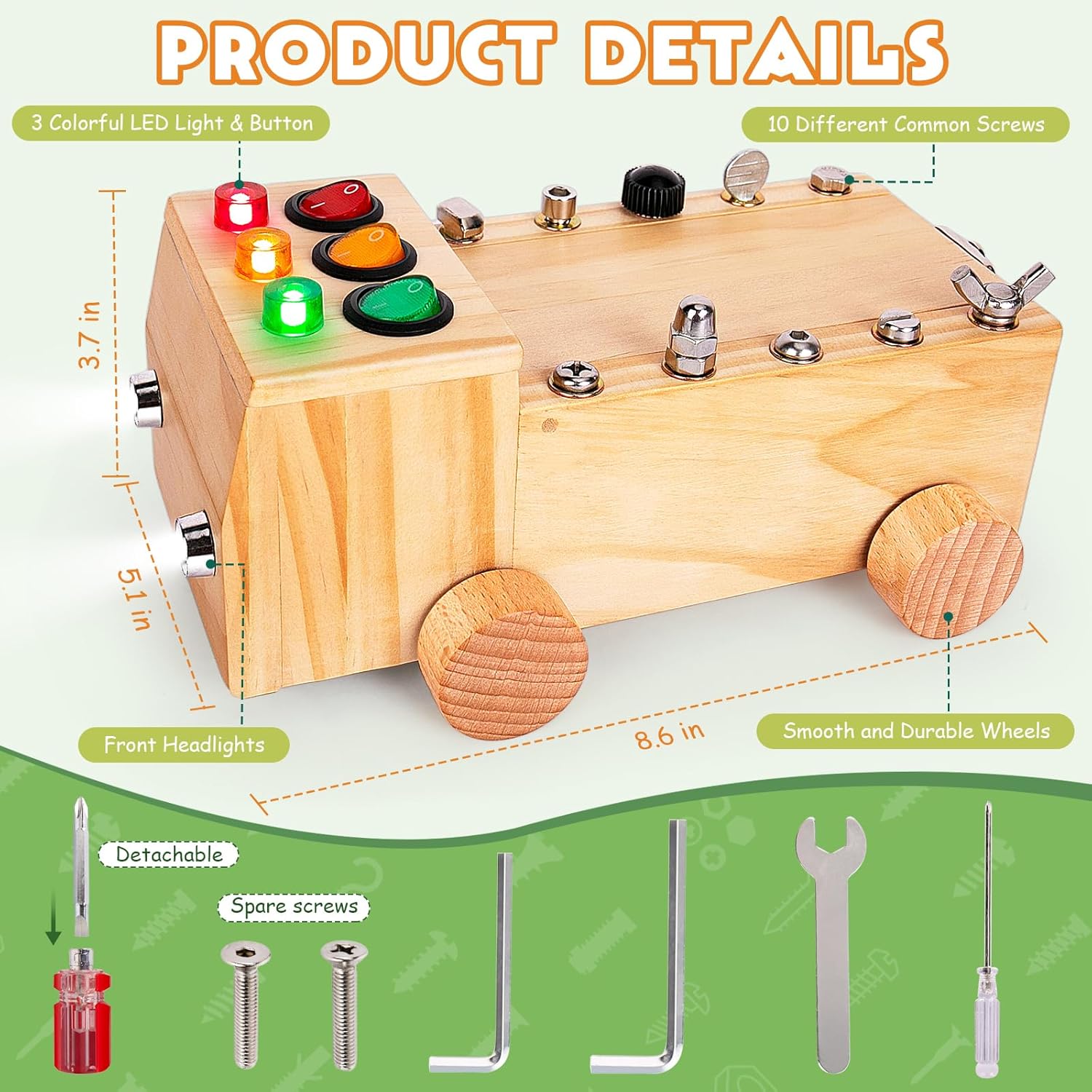 Busy Board,Montessori Screwdriver Board Set for 2-6 Years Old,Montessori Busy Board with LED Light,Wooden Sensory Toys for Boys & Girls,Christmas & Birthday Gift