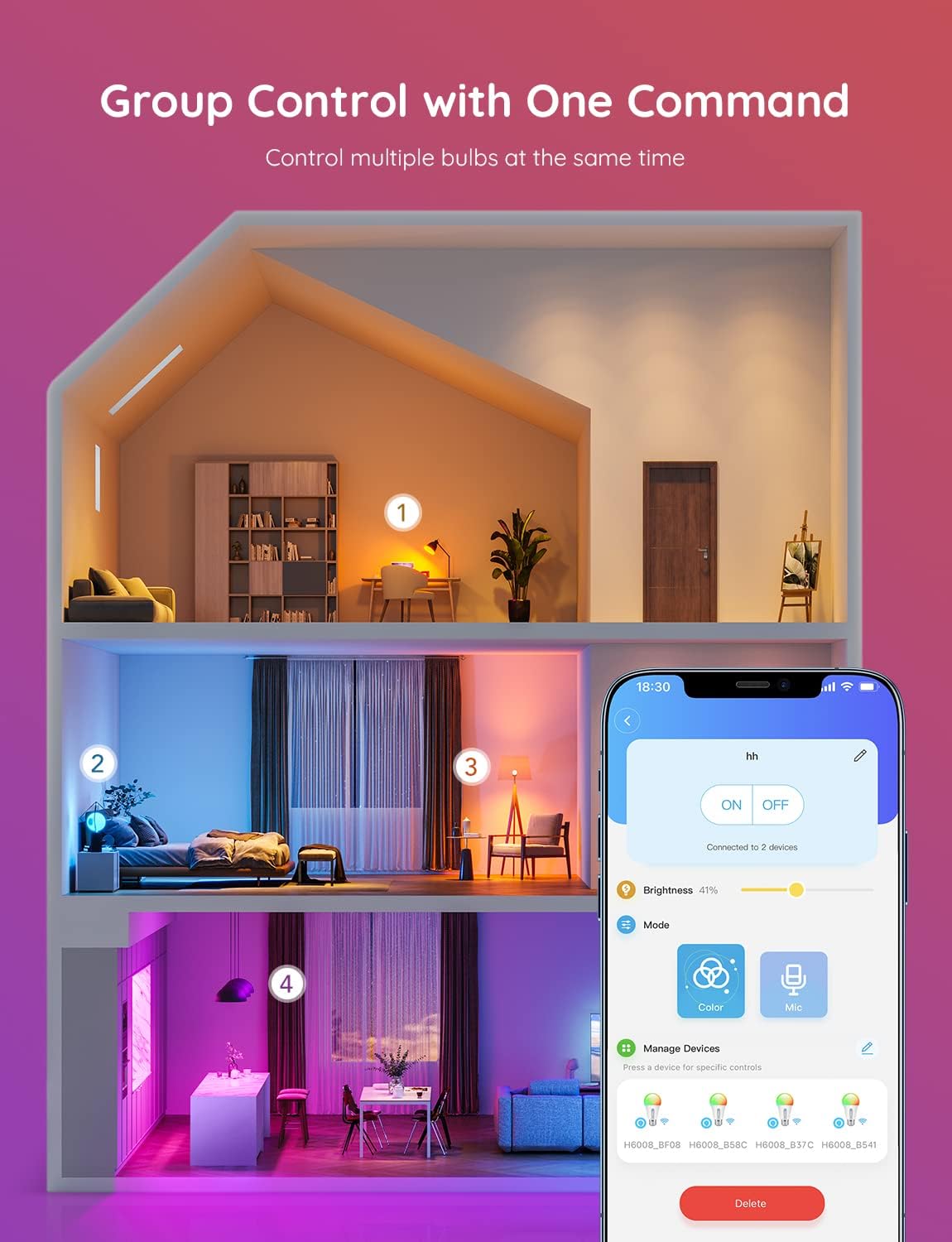 Smart Light Bulbs, Color Changing Light Bulb, Work with Alexa and Google Assistant, 16 Million Colors RGBWW, Wifi & Bluetooth LED Light Bulbs, Music Sync, A19, 800 Lumens, 4 Pack