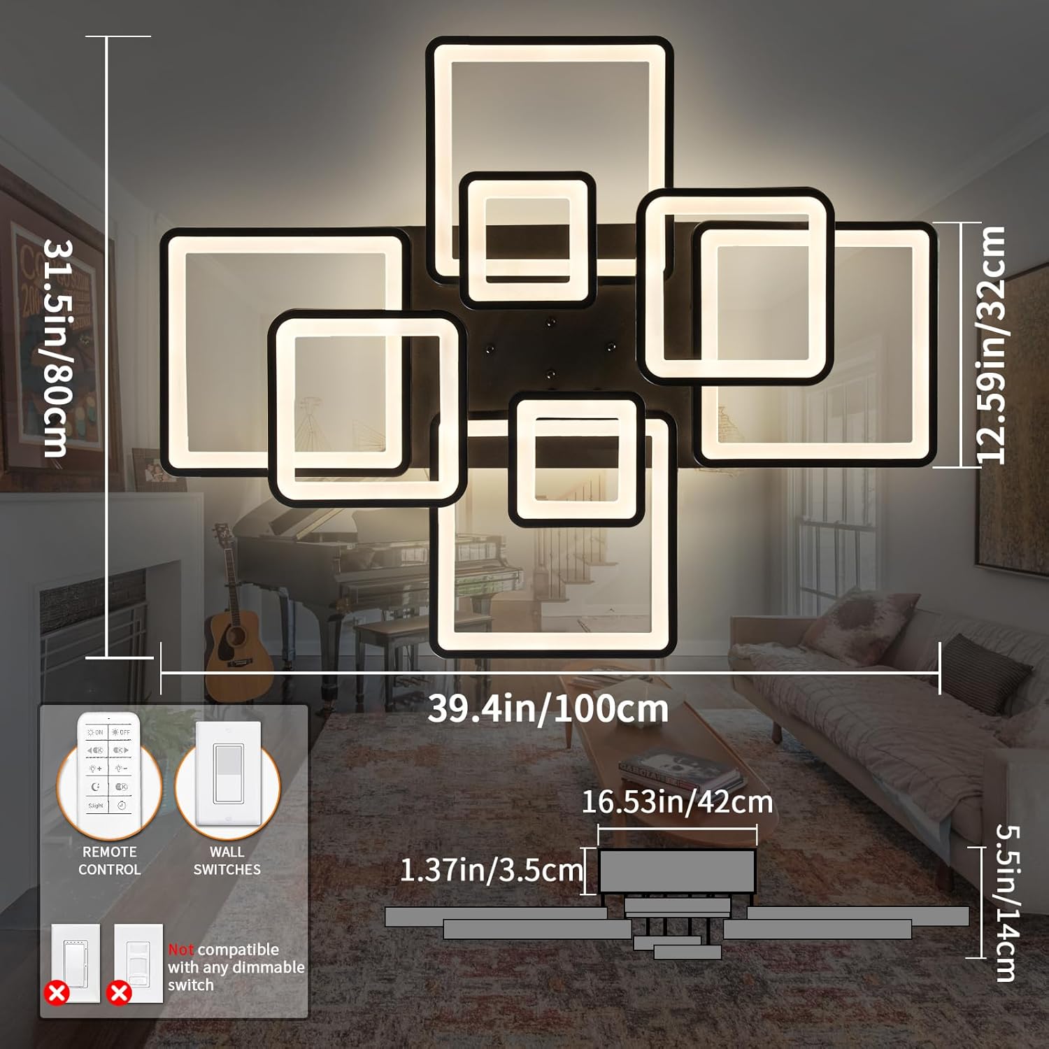 Modern LED Ceiling Light, Dimmable LED Chandelier Black Flush Mount Ceiling Lights, Remote Control Acrylic Ring Ceiling Lamp Fixture for Living Room Dining Room Bedroom, 8H-FANG-BL-04