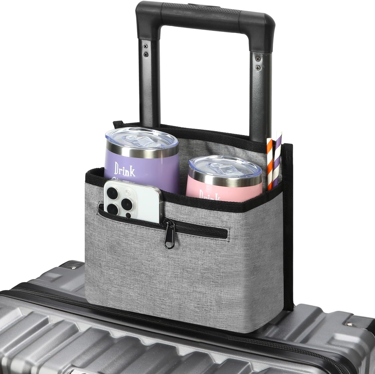 Luggage Travel Cup Holder Attachment for Suitcase Drink Carrier Caddy, Coffee Mug and Tumblers, Traveler Carry on Hands Free Accessory- Gifts for Flight Attendants Travelers Accessories- Black