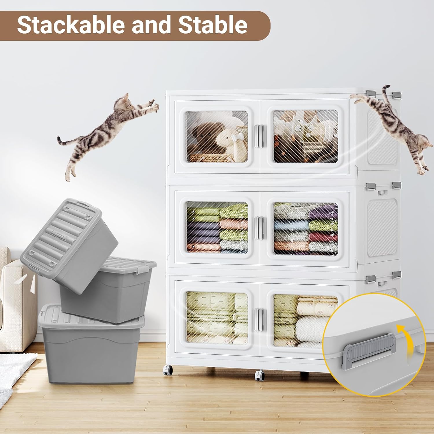 165Gal Extra Large Storage Bins with Lid, 660Qt Plastic Stackable Storage Bins with Wheels, Collapsible Closet Organizer and Storage Drawers, Storage Cabinets for Home, Office, 3 Pack, White