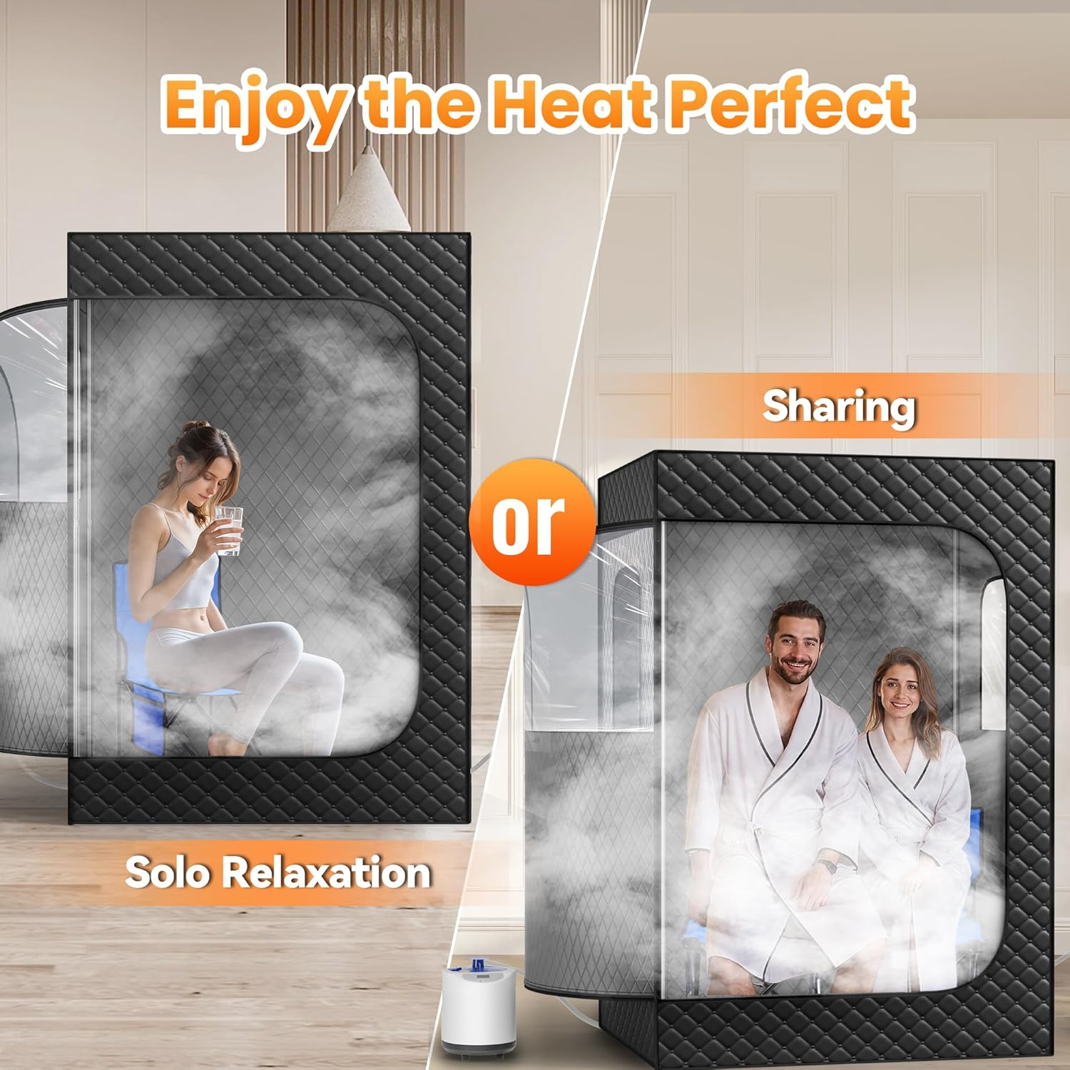 2 Person Portable Steam Sauna for Home, 1 or 2 Person Full Body Home Spa with 2 Foldable Chairs,9 Levels of Sauna Box with Remote Control, (Black, Large)