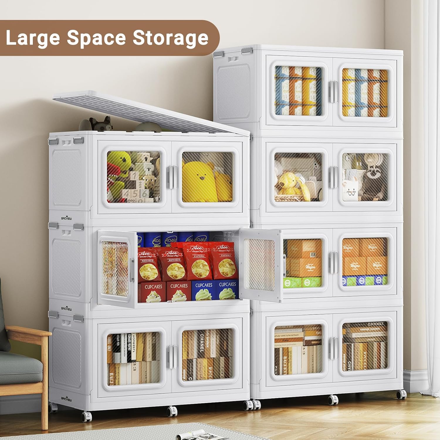 165Gal Extra Large Storage Bins with Lid, 660Qt Plastic Stackable Storage Bins with Wheels, Collapsible Closet Organizer and Storage Drawers, Storage Cabinets for Home, Office, 3 Pack, White