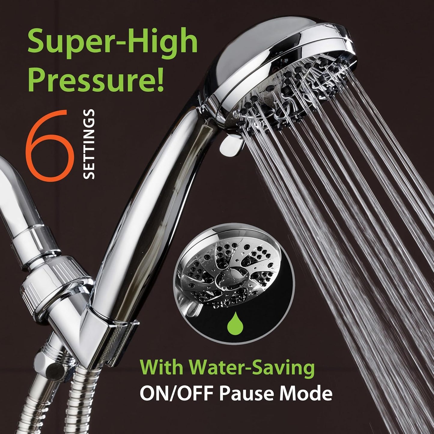 High Pressure 6-Setting 3.5" Chrome Face Handheld Shower with Hose for the Ultimate Shower Experience! Officially Independently Tested to Meet Strict US Quality & Performance Standards!