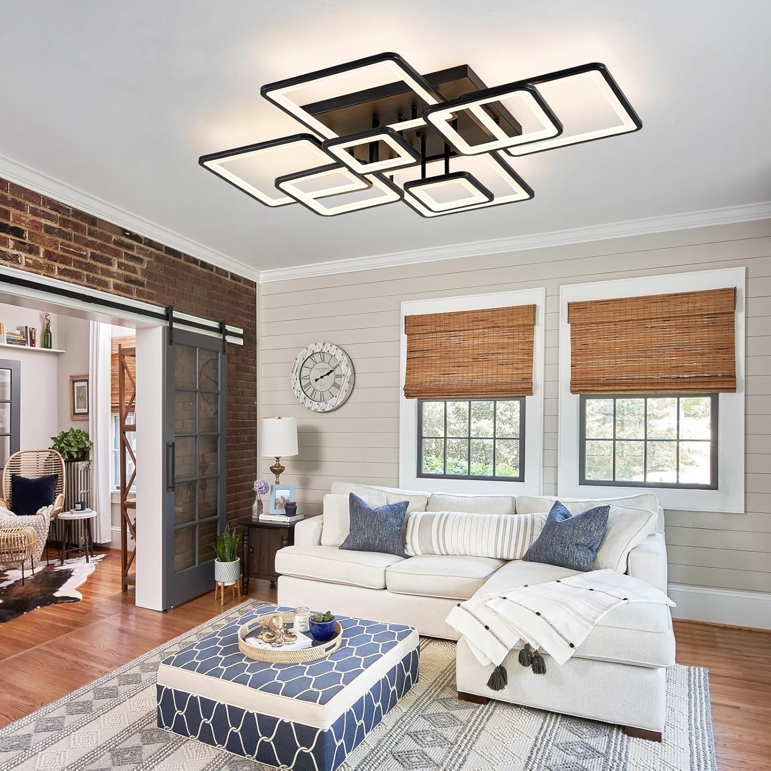 Modern LED Ceiling Light, Dimmable LED Chandelier Black Flush Mount Ceiling Lights, Remote Control Acrylic Ring Ceiling Lamp Fixture for Living Room Dining Room Bedroom, 8H-FANG-BL-04