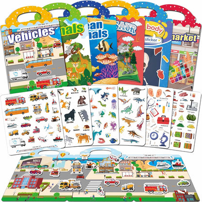 6 Sets Reusable Sticker Books for Toddlers 1-3, Jelly Sticker Books for Toddlers 2-4 Years, Toddler Travel Toys for Kids 2 3 4 Year Old Girls Boys